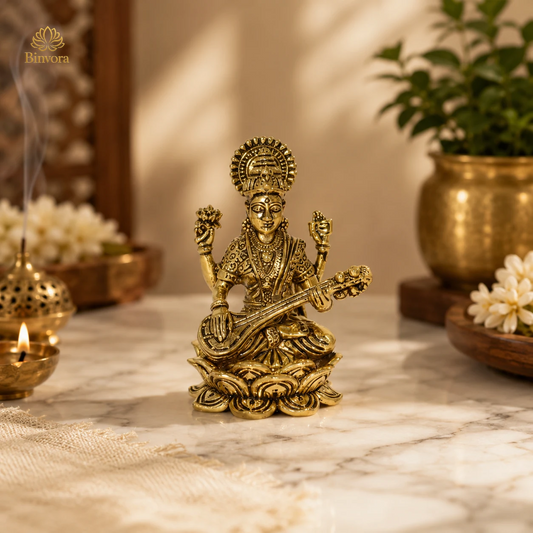 Brass Goddess Saraswati Idol – 1.7 Inch Pital Ki Murti for Study Table, Home Temple & Office Decor