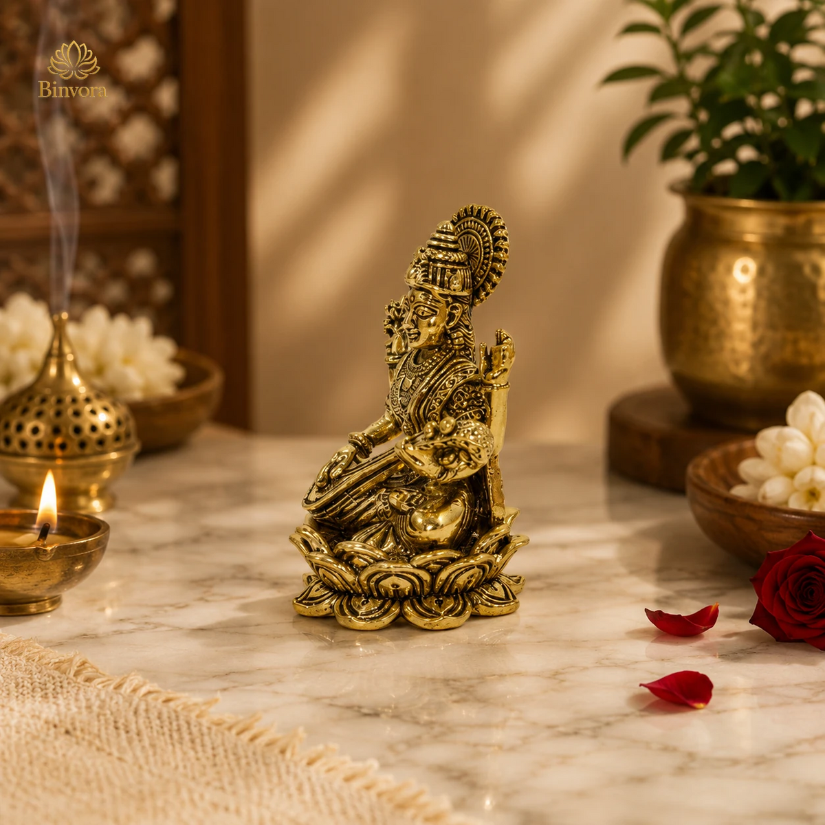 Brass Goddess Saraswati Idol – 1.7 Inch Pital Ki Murti for Study Table, Home Temple & Office Decor