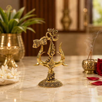 Pital 2 Inch Om (ॐ), Trishul with Damru – Pure Brass Shiva Symbol for Home Temple, Office & Spiritual Décor.