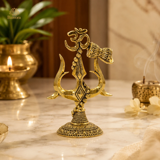 Pital 3 Inch Om Trishul with Damru – Pure Brass Shiva Symbol for Home Temple, Office & Spiritual Décor.
