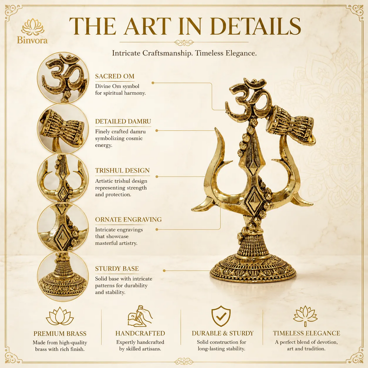 Pital 3 Inch Om Trishul with Damru – Pure Brass Shiva Symbol for Home Temple, Office & Spiritual Décor.