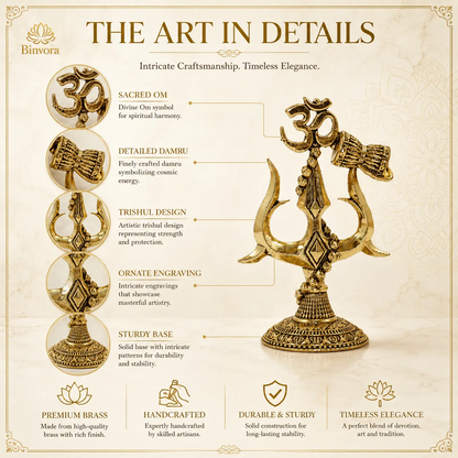 Pital 2 Inch Om (ॐ), Trishul with Damru – Pure Brass Shiva Symbol for Home Temple, Office & Spiritual Décor.