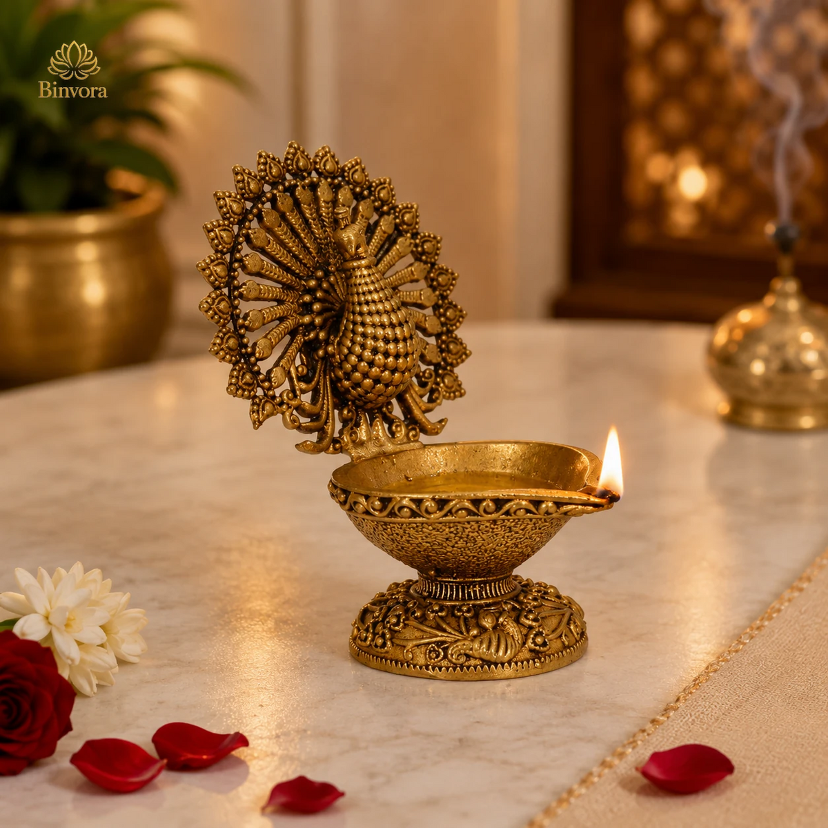 Handcrafted Pure Brass 2.7 Inch Peacock Diya – Traditional Oil Lamp for Pooja Room, Mandir, Diwali Décor & Housewarming Gifts