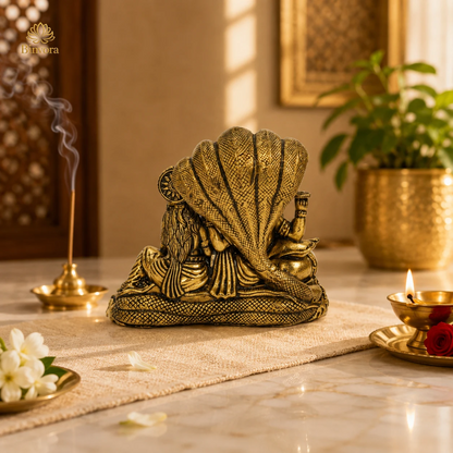 2 Inch Sheshnag Vishnu & Lakshmi Brass Idol – Divine Decor for Home & Pooja
