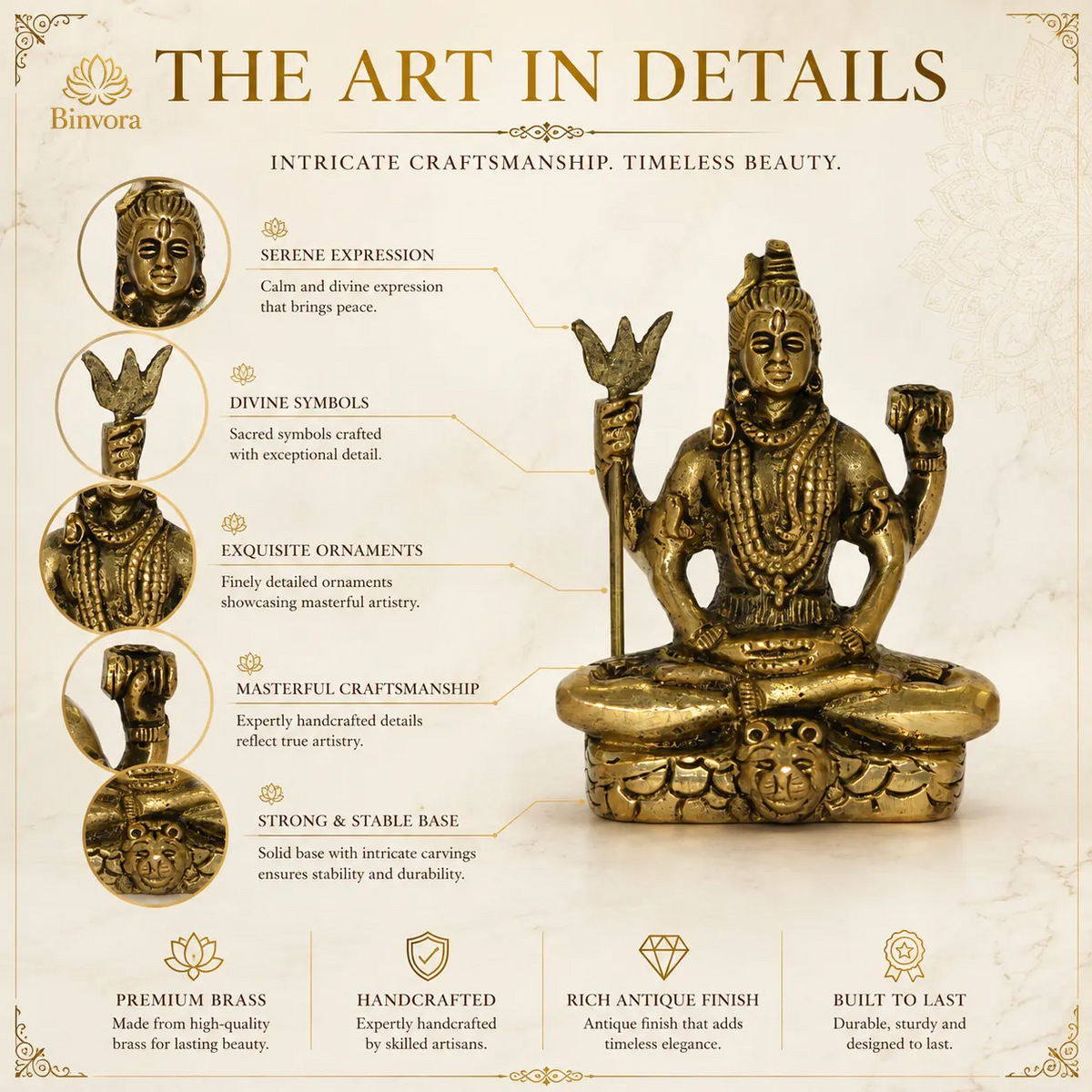 2.7 Inch Brass Lord Shiva Idol – Antique Gold Finish | Meditating Shiva Murti for Home & Pooja Room