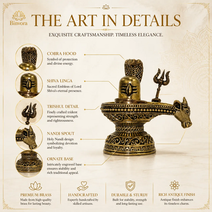 2.3 Inch Antique Brass Nandi Shivling with Serpent & Trishul – Hindu Pooja Murti