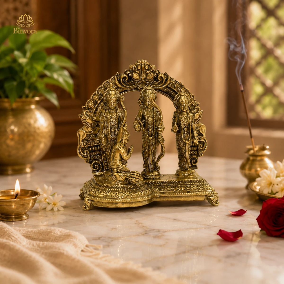 Brass Ram Darbar Idol – Lord Rama, Sita, Lakshman & Hanuman | Traditional Hindu God Statue for Home Temple & Pooja Decor