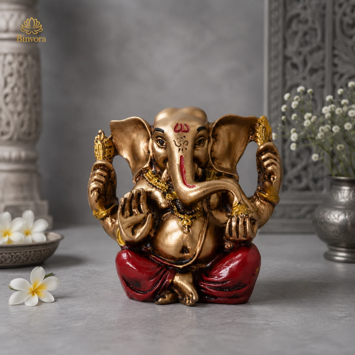 Antique Gold Painted Ganesha Idol (3 Inch) for Pooja Room, Home Decor, Office Desk