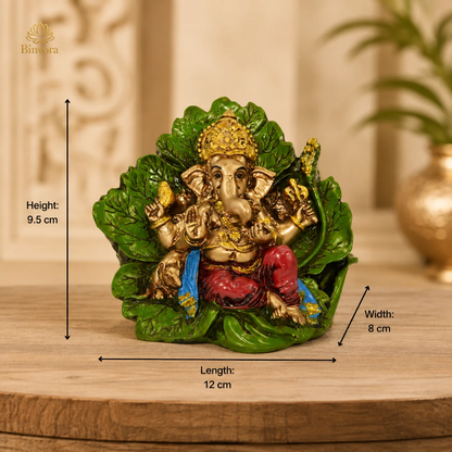 3.7 Inch Lord Ganesha on Leaf Resin Idol – Hand-Painted Ganpati Murti for Home Temple, Office Desk, Vastu Decor & Spiritual Gift