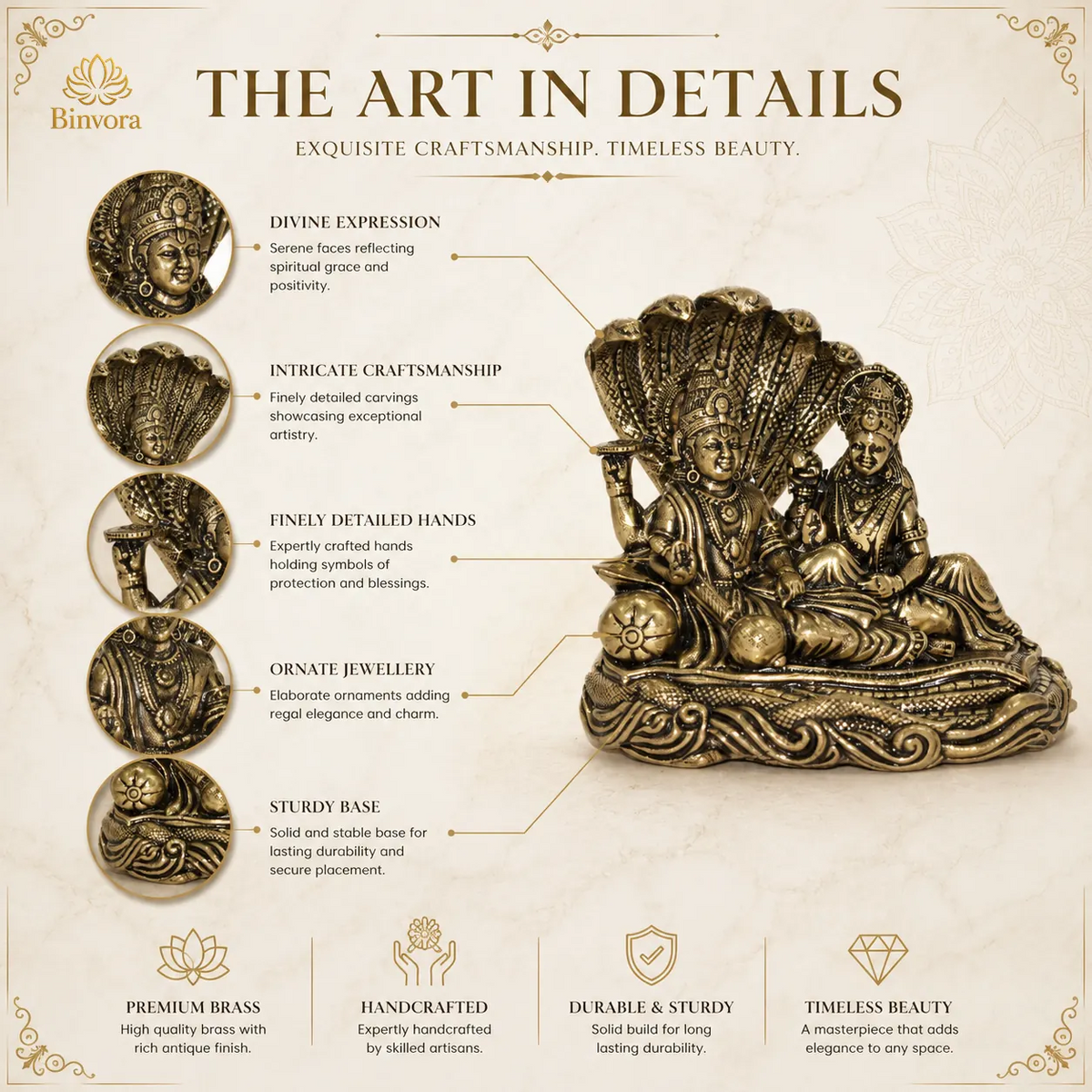 2 Inch Sheshnag Vishnu & Lakshmi Brass Idol – Divine Decor for Home & Pooja