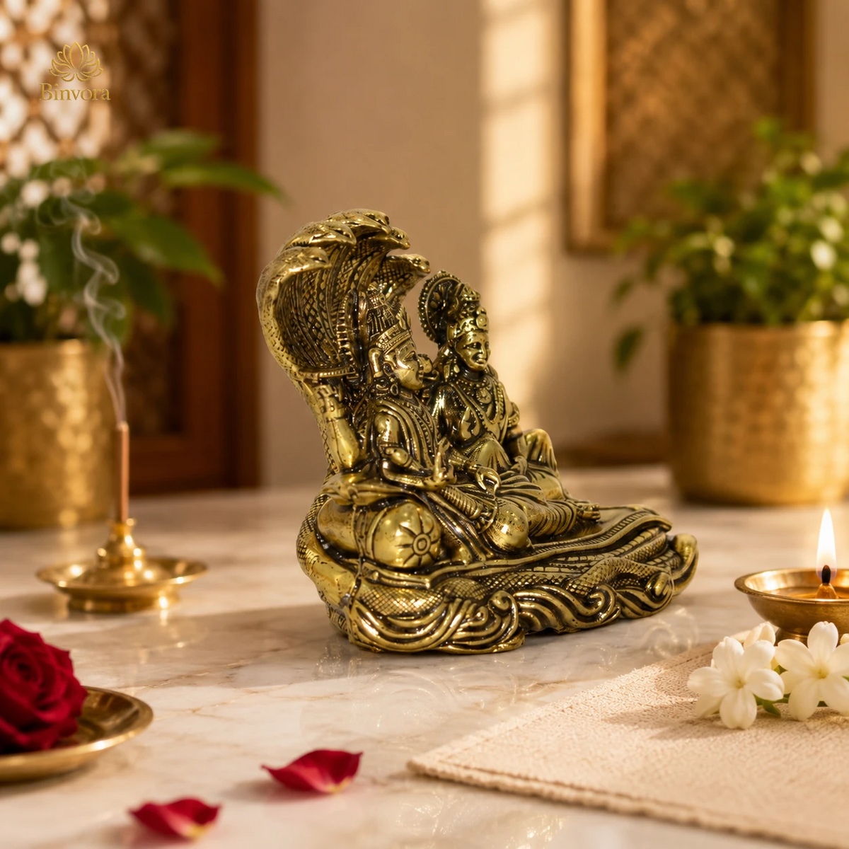 2 Inch Sheshnag Vishnu & Lakshmi Brass Idol – Divine Decor for Home & Pooja