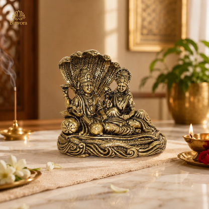 2 Inch Sheshnag Vishnu & Lakshmi Brass Idol – Divine Decor for Home & Pooja