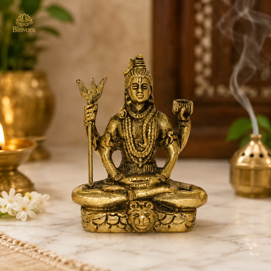 2.7 Inch Brass Lord Shiva Idol – Antique Gold Finish | Meditating Shiva Murti for Home & Pooja Room