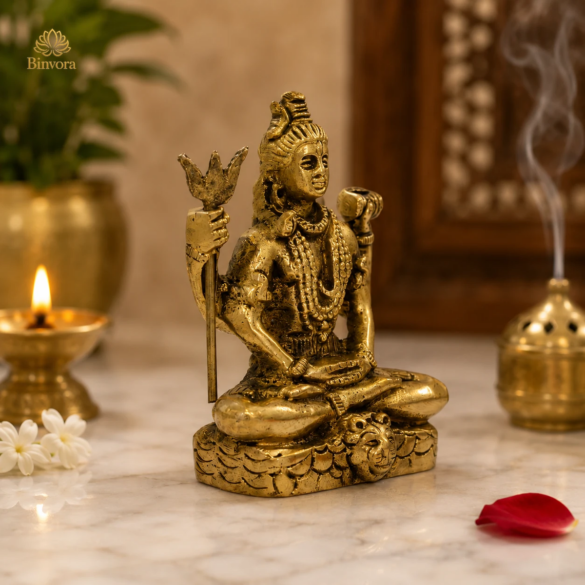 2.7 Inch Brass Lord Shiva Idol – Antique Gold Finish | Meditating Shiva Murti for Home & Pooja Room