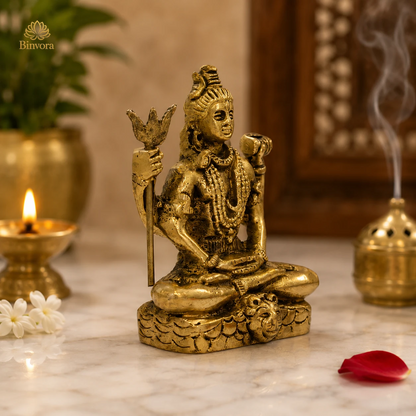 2.7 Inch Brass Lord Shiva Idol – Antique Gold Finish | Meditating Shiva Murti for Home & Pooja Room