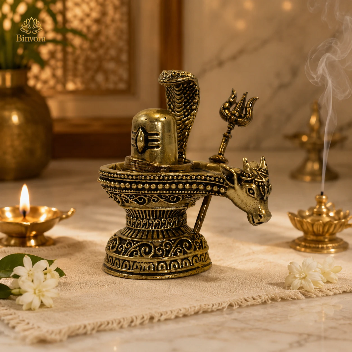 2.3 Inch Antique Brass Nandi Shivling with Serpent & Trishul – Hindu Pooja Murti