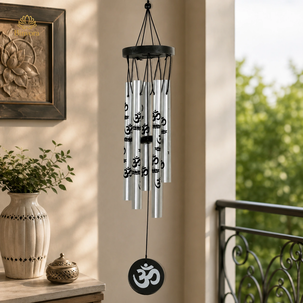 Silver Metal Om Wind Chime – Elegant Spiritual Hanging for Home & Décor | Ideal for Gifting | Feng Shui - Vastu