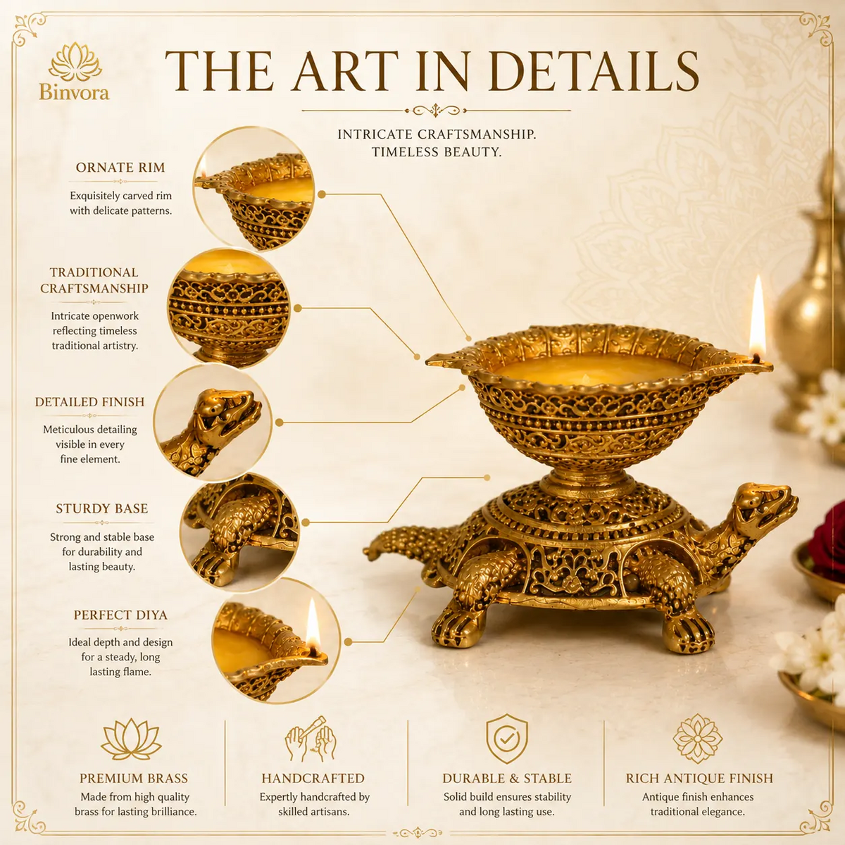Handcrafted Brass 1.5 Inch Tortoise Diya | Premium Traditional Oil Lamp for Pooja Room, Mandir, Diwali Decoration & Housewarming Gift