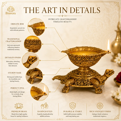 Handcrafted Brass 1.5 Inch Tortoise Diya | Premium Traditional Oil Lamp for Pooja Room, Mandir, Diwali Decoration & Housewarming Gift