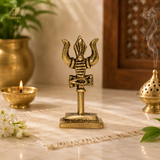 3 Inch Golden Brass Handcrafted Trishul with Damru | Trishul for Pooja Mandir Home Temple