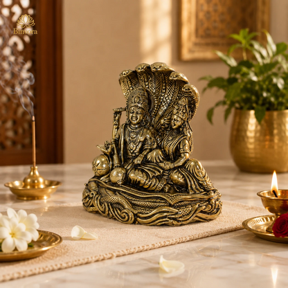 2 Inch Sheshnag Vishnu & Lakshmi Brass Idol – Divine Decor for Home & Pooja